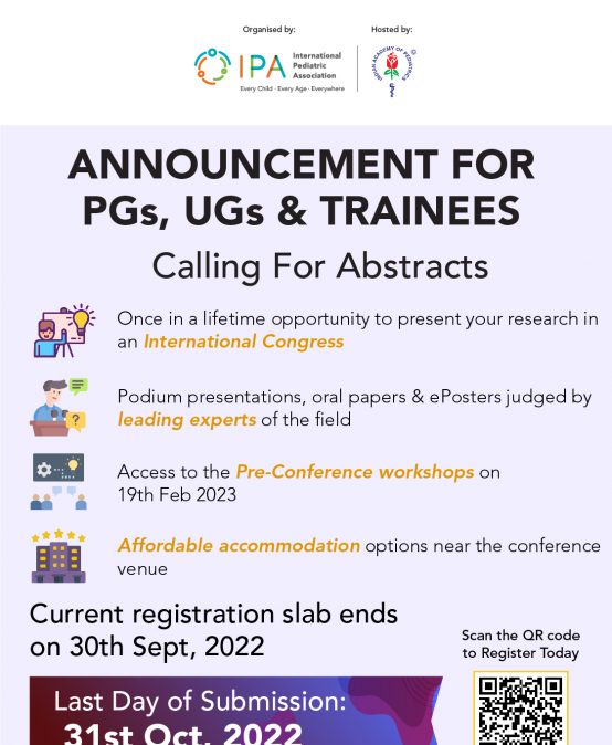 [REGISTER NOW!] The 30th International Pediatric Association (IPA) Congress & 60th Annual Conference of the Indian Academy of Pediatrics We are writing this letter inviting you to join